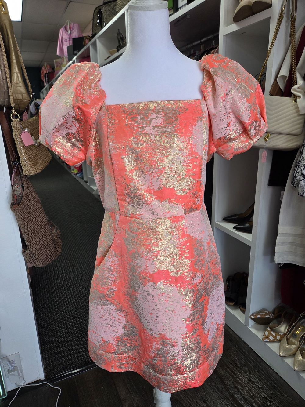 Jade Coral Pink Metallic Mini Dress with Puff Sleeves
